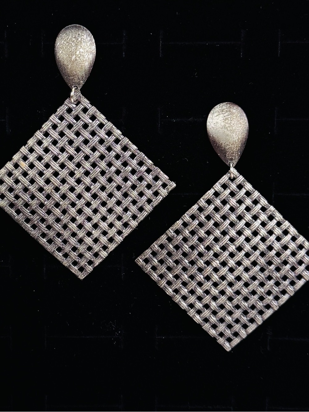 Pretty aged gray metal modernist pierced earrings